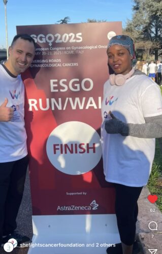 Anisa Mburu & Nicolo Bizzarri wearing the World GO Day Logo at the ESGO Run at the ESGO Congress in Rome in February 2025