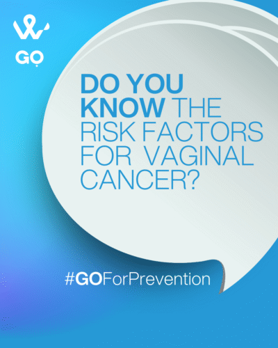 Blue background with a white speech bubble on it that says "do you know risk factors for vaginal cancer"