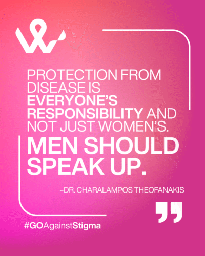 Quote on a pink background for world gynecologic oncology day. The quote reads "preventing disease is everyone's responsiblity and not just women's. Men should speak up."