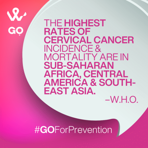 A pink background with a speech bubble that says "The highest rates of cervical cancer incidence & mortality are in sub-saharan africa, central america, and south-east asia" and quotes the WHO