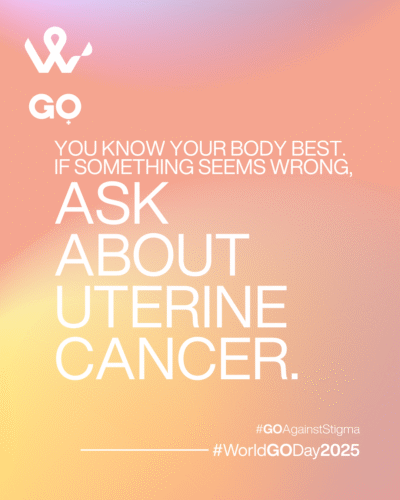 A peach background with text that says "you know your body best. if something feels wrong, ask about uterine cancer."
