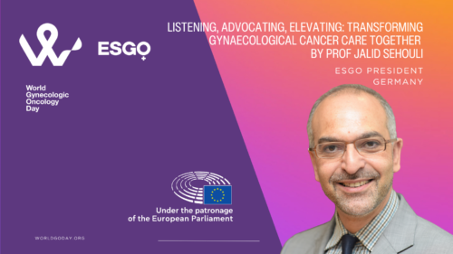 Photo of Jalid Sehouli on a World Gynecologic Oncology Day banner