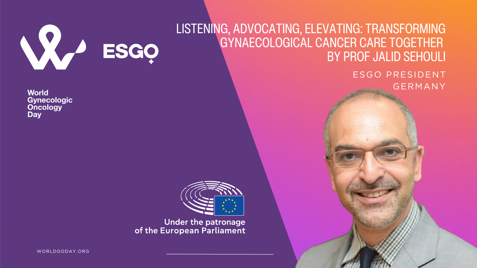 Photo of Jalid Sehouli on a World Gynecologic Oncology Day banner